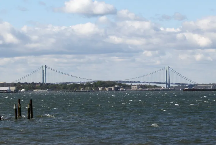 A general view of the Verazzano Narrows Bridge as photographed on April 27, from the Red Hook section of Broooklyn, New York. (Bruce Bennett/Getty Images)