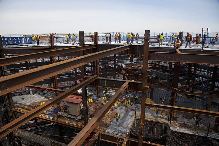 Ironworkers weld steel decking at the top of One World Trade Center on the day it became New York City's tallest skyscraper, April 30, in New York City. (Mark Lennihan-Pool/Getty Images)