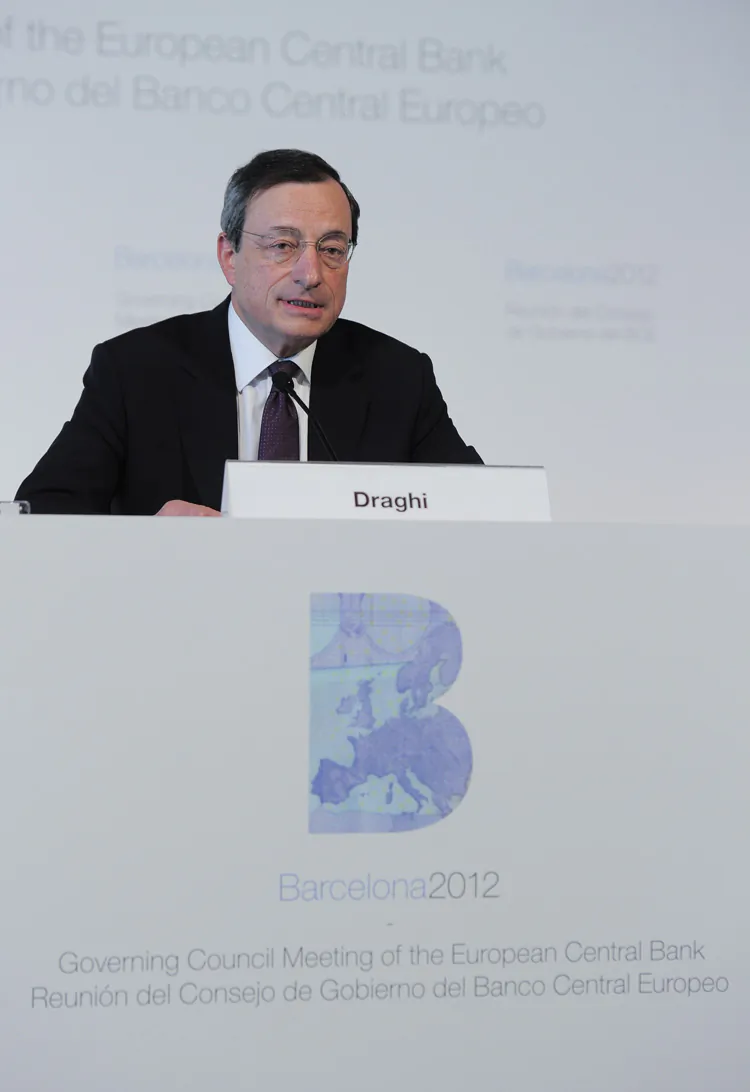 European Central Bank (ECB) President Mario Draghi gives a press conference after a governing council meeting of the European Central Bank on May 3 in Barcelona. (Josep Lago/AFP/GettyImages)