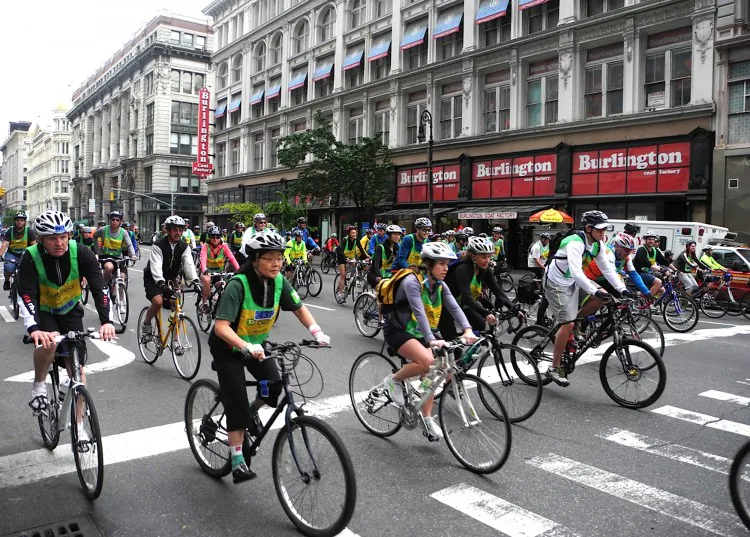 Some of the thousands of bicyclists participating in an earlier event this year who rode a course that took them through all of the five boroughs of New York City. (BRIGITTE DUSSEAU/AFP/GettyImages)