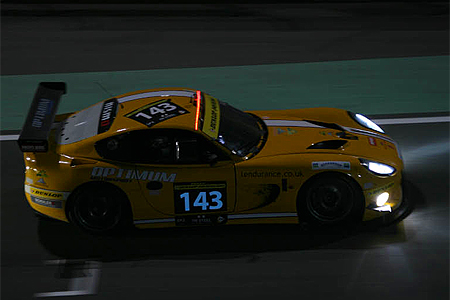 The #143 Optimum Motorsport Ginetta G50 GT4 battled with the Cor Euser Lotus until mechanical difficvulties cost it time in the pits. (24hDubai.com)