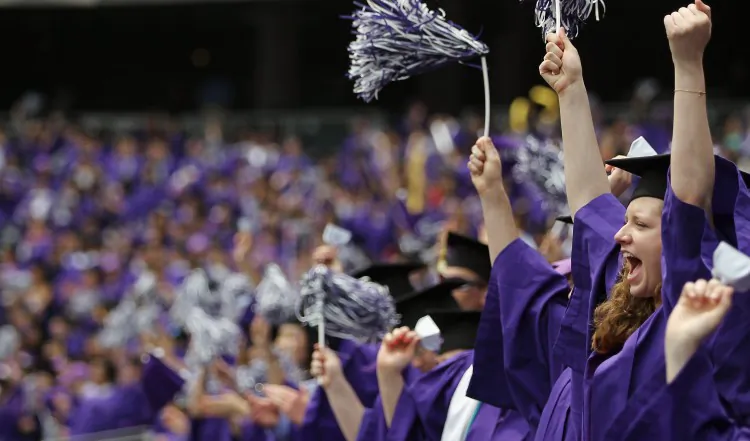 Students celebrate at New York University’s commencement ceremony at Yankee Stadium on May 16 in the Bronx borough of New York City. The National Center for Education Statistics (NCES) estimates 1,781,000 students at the bachelor’s-degree level will graduate in 2012. (Mario Tama/Getty Images)