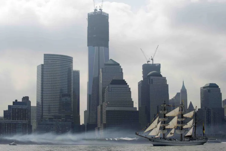 The tall ship from Ecuador Guayas passes the World Trade Center on May 23 in New York. The tall ship is participating in Fleet Week events in New York. (Don Emmert/AFP/GettyImages)