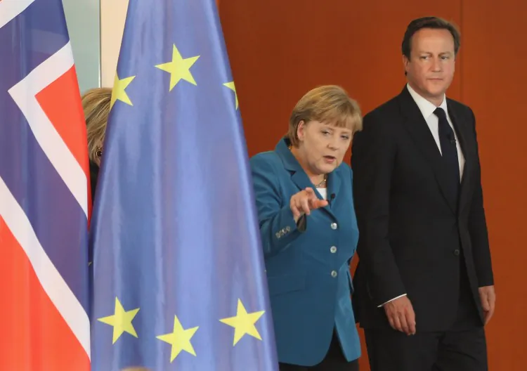 German Chancellor Angela Merkel and British Prime Minister David Cameron (R) are seen at a meeting in Berlin on June 7. Merkel has presented a eurozone banking union as one option of alleviating the ongoing euro crisis. (Sean Gallup/Getty Images)