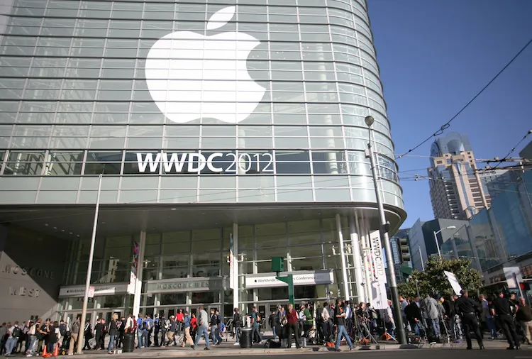 Attendees of Apple's developer conference, WWDC 2012, wait outside of the Moscone Center in San Francisco, California to attend Apple's Keynote on June 11, 2012. (Kimihiro Hoshino/AFP/GettyImages)