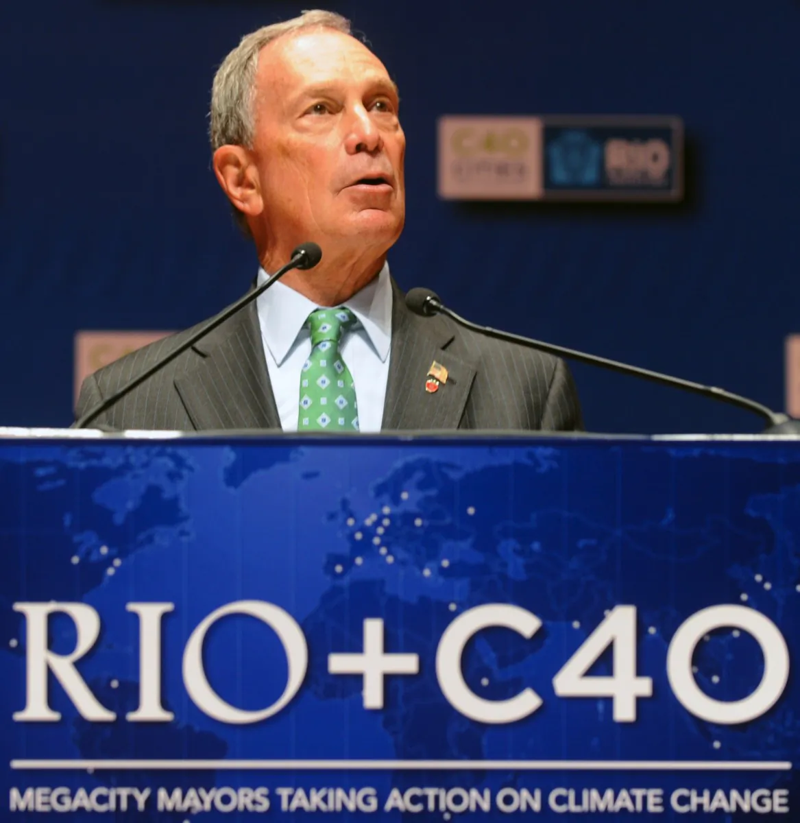 New York City Mayor Michael Bloomberg delivers a speech during the Rio+C40 MegaCity Mayors Taking Action on Climate Change event opening ceremony, at Forte de Copacabana, in Rio de Janeiro, Brazil, on June 19. (Antonio Scorza/AFP/GettyImages)