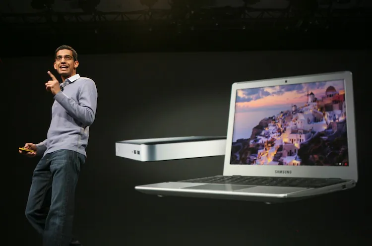 Sundar Pichai, senior vice president of Chrome, introduces the new Chromebook and Chromebox during the Chrome keynote at Google's annual developer conference, Google I/O, in San Francisco on June 28, 2012. (Kimihiro Hoshino/AFP/Getty Images)