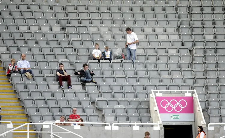 A photo taken on July 29, 2012 shows empty seats during the London 2012 Olympic Games men's football match between Japan and Morocco at St James' Park, Newcastle upon Tyne, England, on July 29, 2012. (Graham Stuart/AFP/Getty Images)