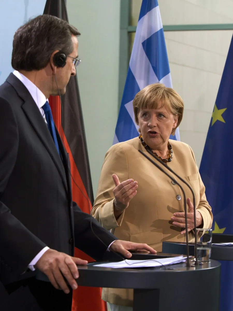 German Chancellor Angela Merkel (R) and Greek Prime Minister Antonis Samaras give a press conference on Aug. 24 at the Chancellery in Berlin. Pete Gannon/AFP/Getty Images