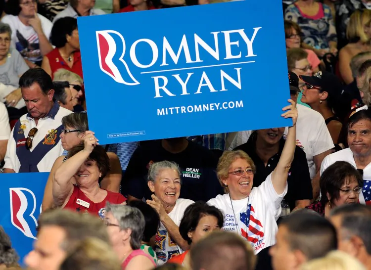Supporters cheer for Republican presidential candidate, former Massachusetts Gov. Mitt Romney at a campaign event at the Cox Pavilion on September 21, 2012 in Las Vegas, Nevada. In the next week, Romney and his running mate, Paul Ryan, are spending several days in Ohio. (David Becker/Getty Images)