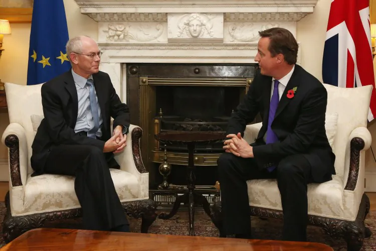 British Prime Minister David Cameron (R) is seen in a meeting with Herman Van Rompuy, President of the European Council, inside Downing Street on Oct. 25 in London. (Oli Scarff/WPA Pool/Getty Images)
