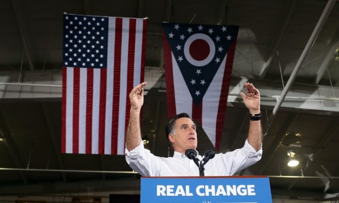 Republican presidential candidate, former Massachusetts Gov. Mitt Romney campaign rally at Avon Lake High School on October 29, 2012 in Avon Lake, Ohio. Romney called off any further eastern campaigning for Monday and Tuesday amid Hurricane Sandy. (Justin Sullivan/Getty Images)