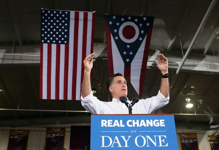 Republican presidential candidate, former Massachusetts Gov. Mitt Romney campaign rally at Avon Lake High School on October 29, 2012 in Avon Lake, Ohio. Romney called off any further eastern campaigning for Monday and Tuesday amid Hurricane Sandy. (Justin Sullivan/Getty Images)