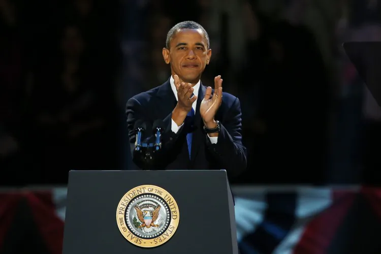 U.S. President Barack Obama on stage to deliver his victory speech on election night at McCormick Place on Nov. 6, 2012, in Chicago, Ill. Obama campaigned hard and won, but with a Republican House and Democratic Senate, Congress remains divided. (Scott Olson/Getty Images)