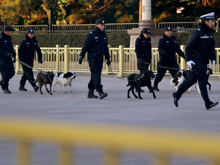 A police squad with dogs enforces security during the closing of the recently-concluded 18th Party Congress. Liberals scholars in China have called for the abolishment of the Communist Party committee that oversees the police and all law enforcement in China. (Mark Ralston/AFP/Getty Images)