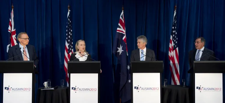 Australian Foreign Minister Bob Carr (L), US Secretary of State Hillary Clinton (2nd L), Australian Minister of Defense Stephen Smith (2nd R) and US Secretary of Defense Leon Panetta (R) hold a press conference following meetings as part of AUSMIN at the State Reception Centre in Kings Park on Nov. 14, 2012 in Perth, Australia. The bilateral AUSMIN forum will focused on foreign, defence and strategic policy. (Saul Loeb/Getty Images)
