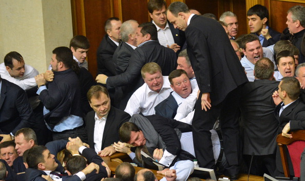 Deputies of the opposition fight with deputies of the majority for a second time in two days, during the second session of the newly elected Ukrainian parliament in Kiev on Dec. 13, 2012.  (Supinsky/AFP/Getty Images)
