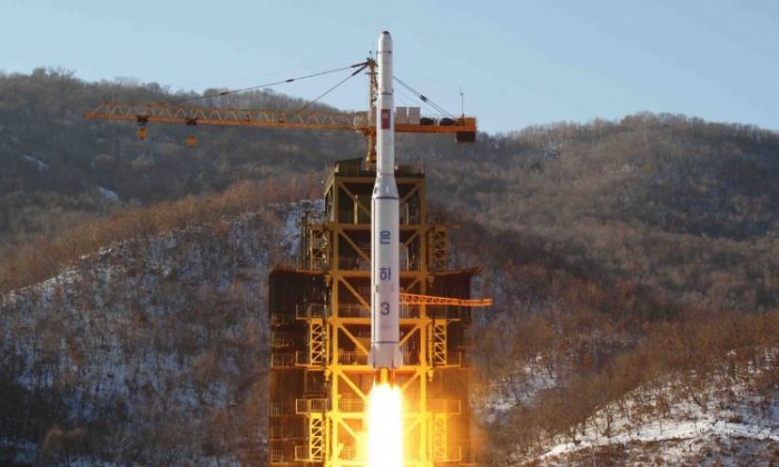 This picture taken by North Korea's official Korean Central News Agency (KCNA) on December 12, 2012 shows North Korean rocket Unha-3, carrying the satellite Kwangmyongsong-3, lifting off from the launching pad in Cholsan county, North Pyongan province in North Korea. (KNS/AFP/Getty Images)