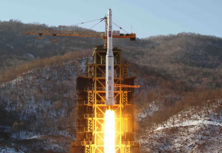 This picture taken by North Korea's official Korean Central News Agency (KCNA) on December 12, 2012 shows North Korean rocket Unha-3, carrying the satellite Kwangmyongsong-3, lifting off from the launching pad in Cholsan county, North Pyongan province in North Korea. (KNS/AFP/Getty Images)
