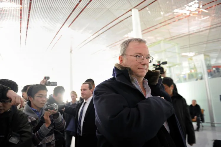 Google Executive Chairman Eric Schimidt (C) makes his way after checking in at Beijing International airport in Beijing on Jan. 7, 2013, before his trip to North Korea. (Wang Zhao/AFP/Getty Images)