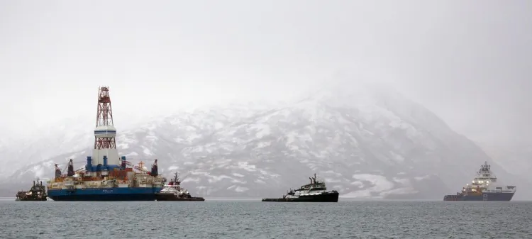 Salvage teams conduct an assessment of Shell's Kulluk drill barge on Jan. 9, 2013 in Kodiak Island's Kiliuda Bay in Alaska. (Tim Aubry/AFP/Getty Images)