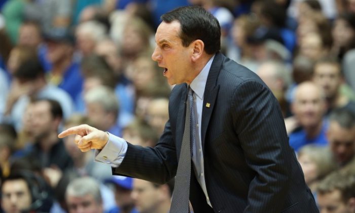 Mike Krzyzewski of the Duke Blue Devils reacts during their game against the Boston College Eagles at Cameron Indoor Stadium on Feb. 24, 2013 in Durham, North Carolina. (Streeter Lecka/Getty Images)