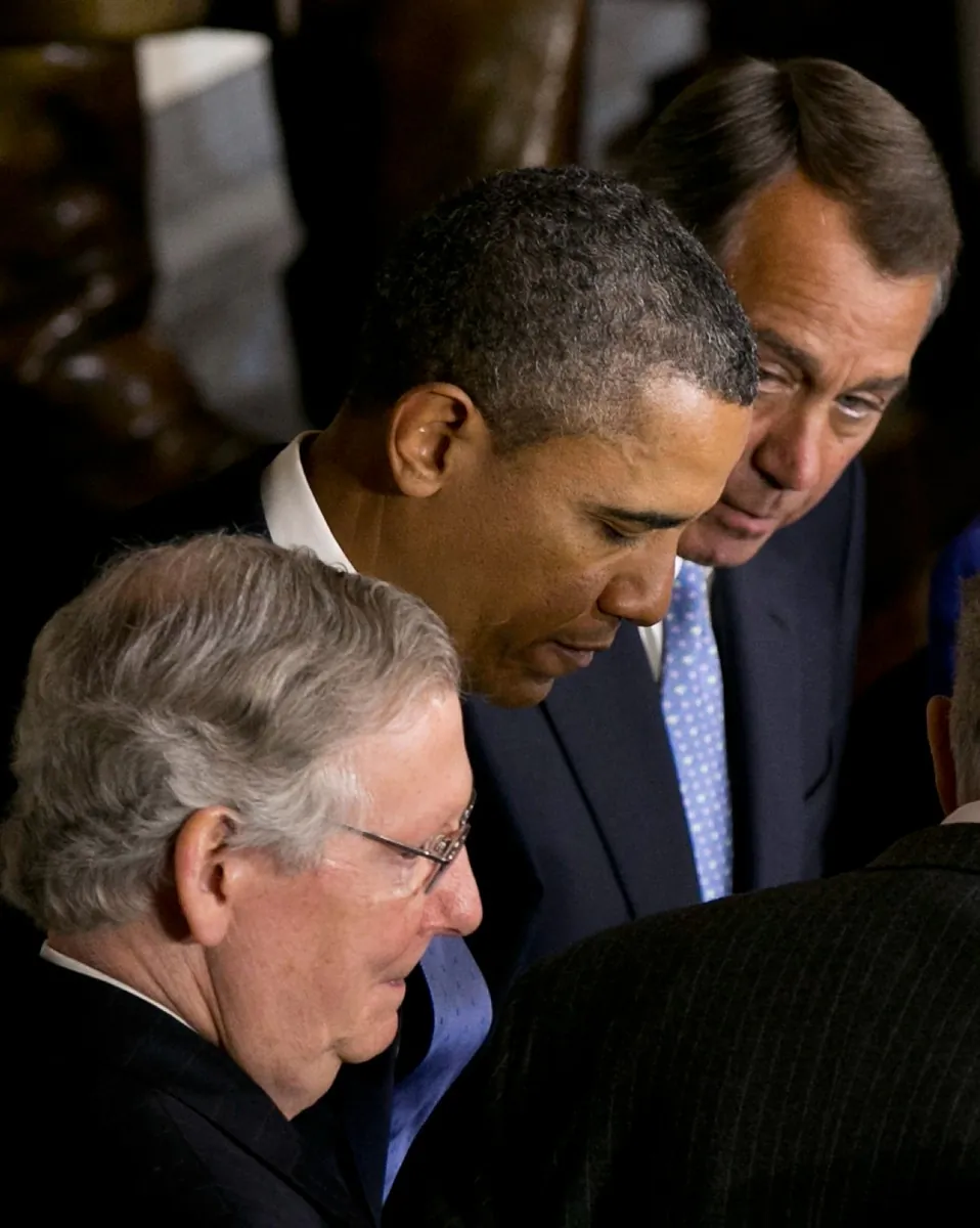 U.S. President Barack Obama (C), Speaker of the House John Boehner (R-OH) (R) and Senate Minority Leader Mitch McConnell (L) are seen in the U.S. Capitol February 27, 2013 in Washington, DC. Obama and Republican congressional leaders will meet again March 1 in a last ditch effort to avoid automatic budget cuts. (Win McNamee/Getty Images)
