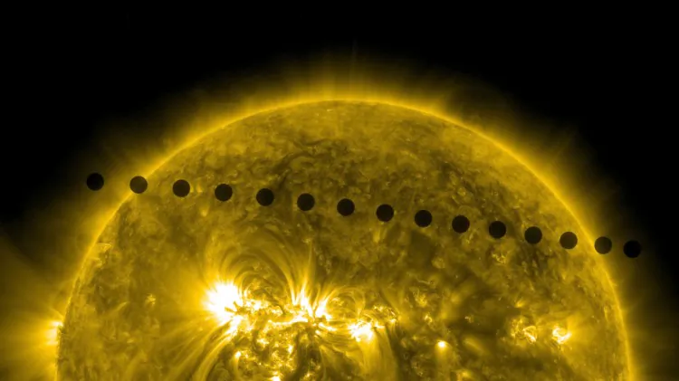 Venus completely off the sun and backlit by only the corona, shot at the wavelength of 193 angstroms. (NASA/Goddard Space Flight Center/SDO)