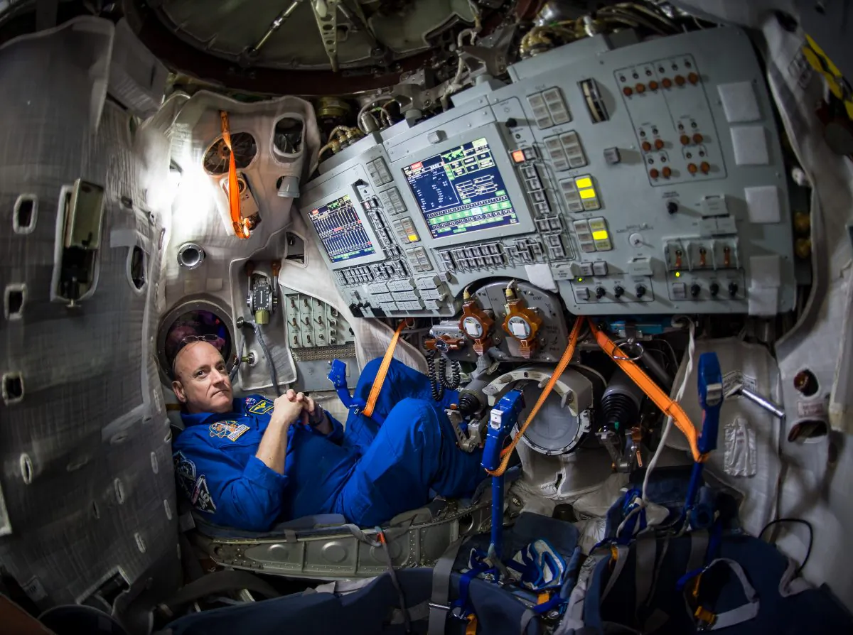 Astronaut Scott Kelly inside a Soyuz simulator at the Gagarin Cosmonaut Training Center (GCTC) on March 4, 2015 in Star City, Russia. On July 16, 2015, a piece of space junk forced the three International Space Station astronauts, including Kelly, to seek emergency shelter in their Soyuz spacecraft. (Bill Ingalls/NASA via AP)