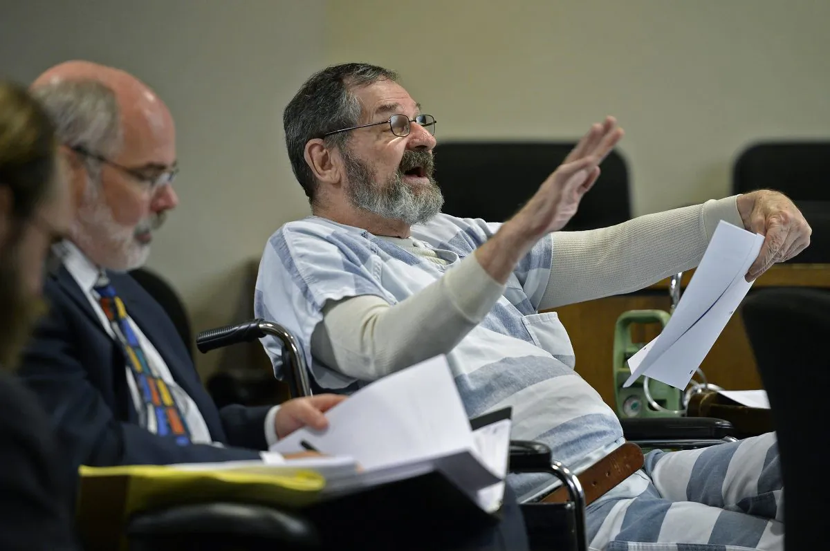 Frazier Glenn Miller Jr. gestures during pre-trial motions for his case at Johnson County District Court in Olathe, Kan., on July 17, 2015. (Tammy Ljungblad/The Kansas City Star via AP) 