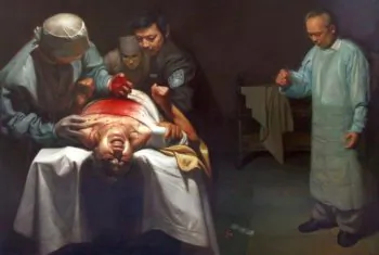 'Organ Crimes.' Oil painting depicting the seizure of organs from a living Falun Gong practitioner in China. Xiqiang Dong is the artist. (Image courtesy of Xiqiang Dong.)