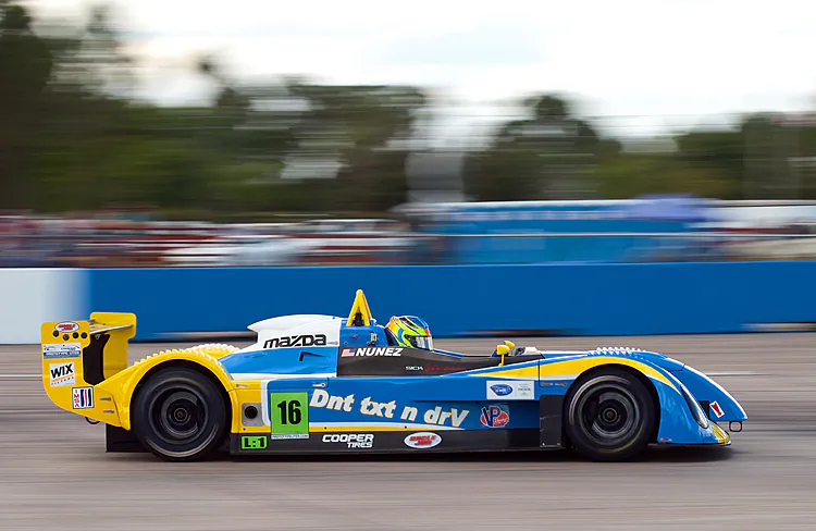 Sixteen-year-old Tristan Nunez drives the “Sweet 16” “Dnt txt n drV” Élan DP02 in the IMSA Cooper Lites series; in his first season he has won eight of ten races and set six track records, and there are still four races left. (prototypelites.com)