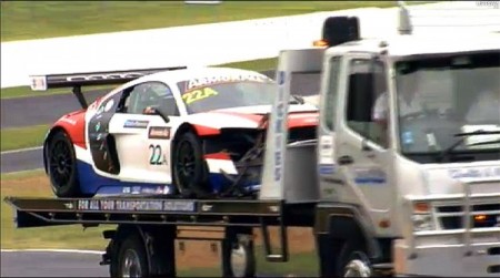 The #22 United Autosports Audi eventually retired due to damage from this crash. (bathurst12hour.com.au)