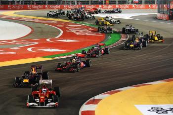 START TO FINISH: Fernando Alonso leads Sebastian Vettel and the rest of the field at the start of the Formula 1 Singapore Grand Prix. (Mark Thompson/Getty Images) START TO FINISH: Fernando Alonso leads Sebastian Vettel and the rest of the field at the start of the Formula 1 Singapore Grand Prix. (Mark Thompson/Getty Images)