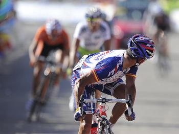 Joaquin Rodriguez of Katusha looks back as he crosses the finish line of Stage Eight to see his margin over Igor Anton. It was not enough, and Anton earned the red jersey. (Jose Jordan/AFP/Getty Images) Joaquin Rodriguez of Katusha looks back as he crosses the finish line of Stage Eight to see his margin over Igor Anton. It was not enough, and Anton earned the red jersey. (Jose Jordan/AFP/Getty Images)