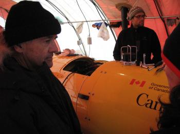 Canadian Foreign Affairs Minister Lawrence Cannon visits the Borden Island ice camp on April 6, 2010. Operations at the Borden Island ice camp will continue through the spring of 2010, as Canada works to meet the criteria set out in the United Nations Convention on the Law of the Sea. (Department of Foreign Affairs)