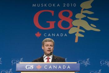 Stephen Harper speaks during a news conference at the G8 Summit at the Deerhurst Resort in Huntsville, Ontario, on Saturday, June 26, 2010. Stephen Harper speaks during a news conference at the G8 Summit at the Deerhurst Resort in Huntsville, Ontario, on Saturday, June 26, 2010.