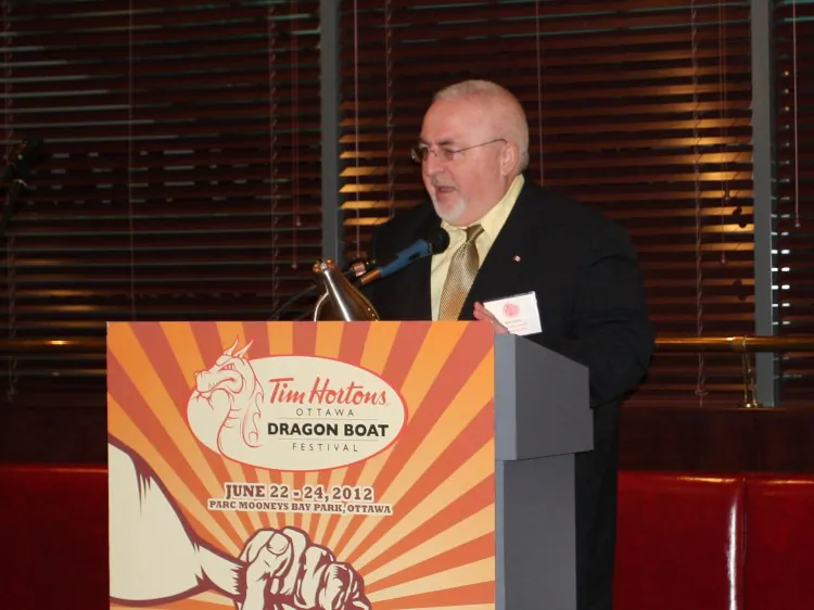 Kanata South Coucillor Allan Hubley speaks at the launch of the Tim Hortons Ottawa Dragon Boat Festival’s 2012 fundraising season on March 6. (Donna He/The Epoch Times)