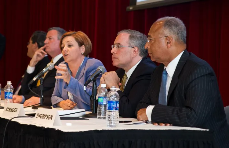 Mayoral candidates City Council Speaker Christine Quinn and Manhattan Borough President Scott Stringer in Manhattan on June 12. (Benjamin Chasteen/The Epoch Times)
