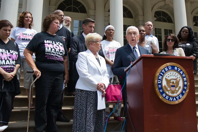 The late U.S. Senator Frank Lautenberg (D-NJ) proposed legislation to restriction ammunition and gun sales during an appearance on the steps of New York City Hall on July 30, 2012. Proposals similar to those promoted by the Senator are set to be implemented in the state in September 2023. (Benjamin Chasteen/The Epoch Times)