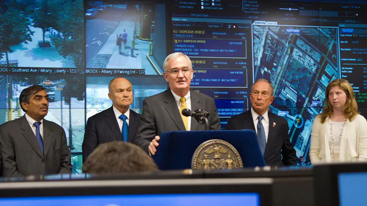 President of Microsoft Americas Services (Ret.) Lt. Gen. Mike McDuffie speaks at press conference Wednesday for the unveiling of a new, state-of-the-art law enforcement technology developed by NYPD officers and Microsoft that will monitor New York City in real time. McDuffie is joined by Rahul Merchant, Commissioner Raymond Kelly, Mayor Michael Bloomberg, and NYPD terrorism policy analyst Jessica Tisch. (Benjamin Chasteen/The Epoch Times)