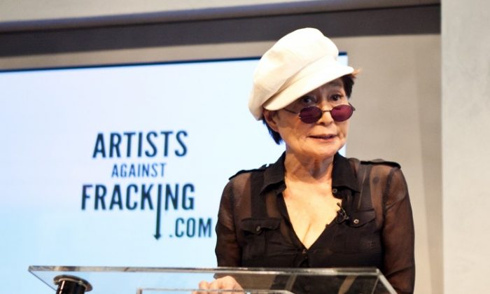 Yoko Ono, wife of the late John Lennon, speaks in Manhattan earlier this year during the launch of Artists Against Fracking, an activist partnership project opposed to hydraulic fracking. (Amal Chen/The Epoch Times)