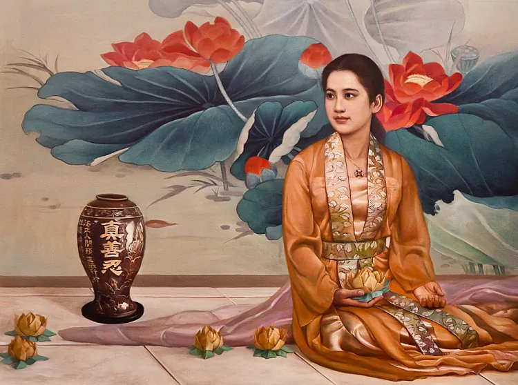 Oil painting "After the Parade" by Xiqiang Dong on display at the Zhen Shan Ren Art Exhibition at the Waldorf Astoria.