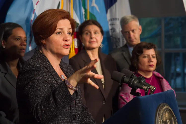 City Council Speaker Christine C. Quinn holds a press conference at City Hall Tuesday about proposing tougher penalties for sexual assaults in New York City. (Benjamin Chasteen/The Epoch Times)