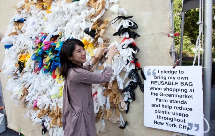 The Bag Mandalla stood proudly in Union Square showing a beautiful reuse of the waste. Bags for the People project are made produced in collaboration with a design team from Pratt Institute. (Amal Chen/The Epoch Times)