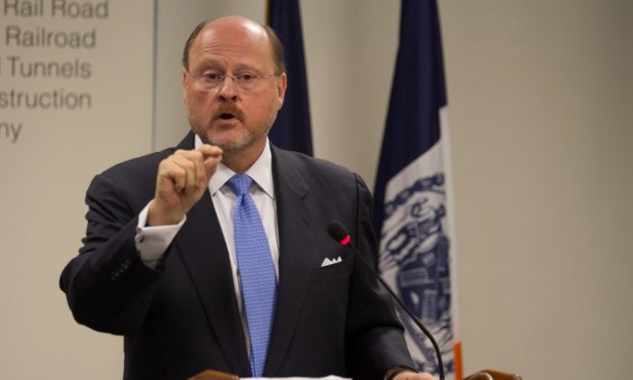 Joseph Lhota, MTA chairman and CEO, at a press briefing on Monday at MTA's Madison Avenue headquarters. (Benjiman Chasteen/The Epoch Times)