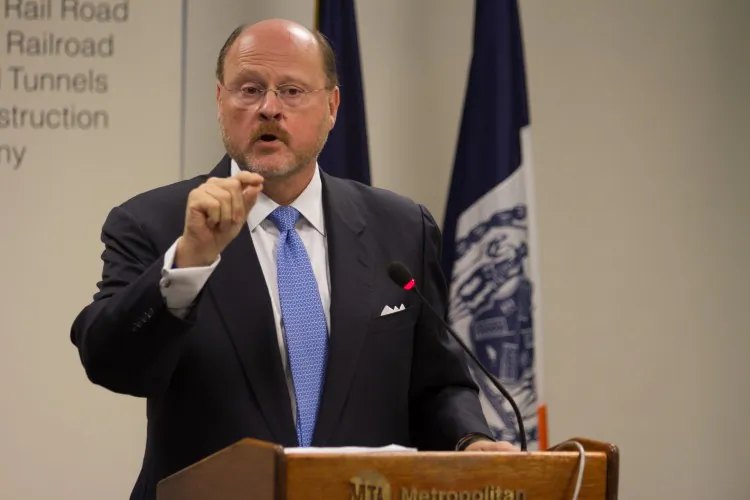 Joseph Lhota, MTA chairman and CEO, at a press briefing on Monday at MTA's Madison Avenue headquarters. (Benjiman Chasteen/The Epoch Times)