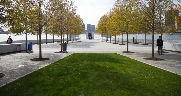 The family of Ambassador William vandal Heuvel (3rd from Right in Front row) at the dedication ceremony for the opening of the Franklin D. Roosevelt Four Freedoms Park on Roosevelt Island. (Benjamin Chasteen/The Epoch Times)