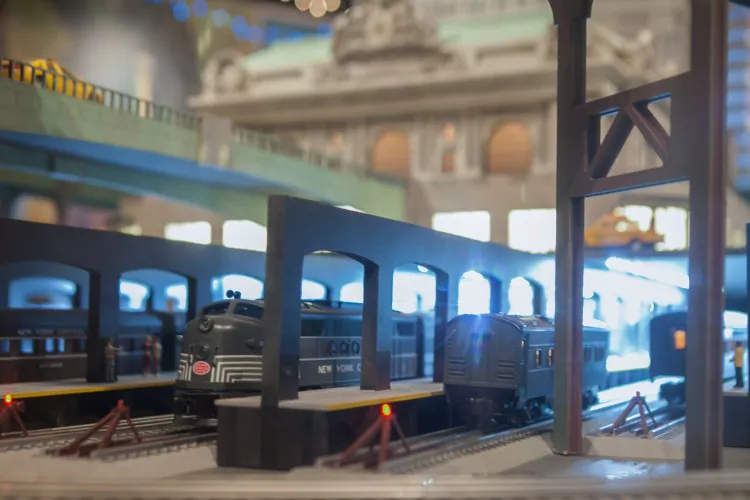 The holiday train exhibit at Grand Central includes trains from the former New York Central company. In the background is a replica of Grand Central Terminal, which is nearly 100 years old. (Zachary Stieber/The Epoch Times)