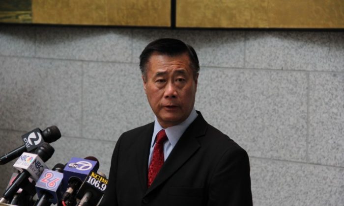 California State Senator Leland Yee speaks at a press conference on a death threat made against him, at the Hiram Johnson State Building, San Francisco, on Feb. 14, 2013. (Christian Watjen/The Epoch Times)